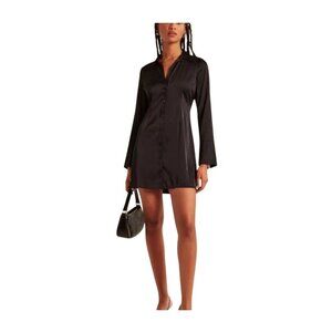 Abercrombie & Fitch Black Long-Sleeve Satin Shirt Dress Button-Down Size MT